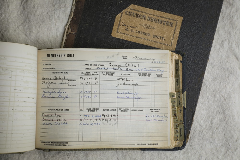 A church register and membership roll