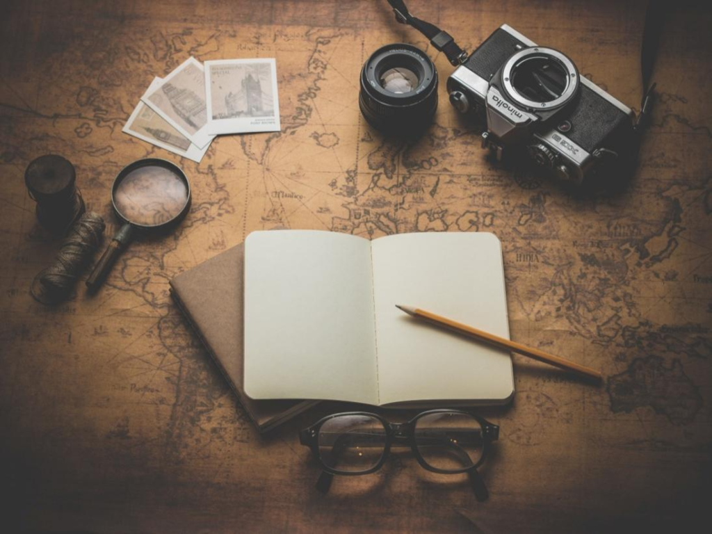 A notebook, binoculars, Polaroid pictures, and a camera over an old map