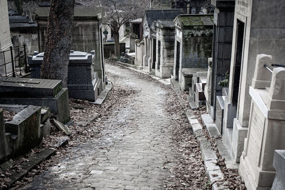 A walkway lined with graves in a cemetery