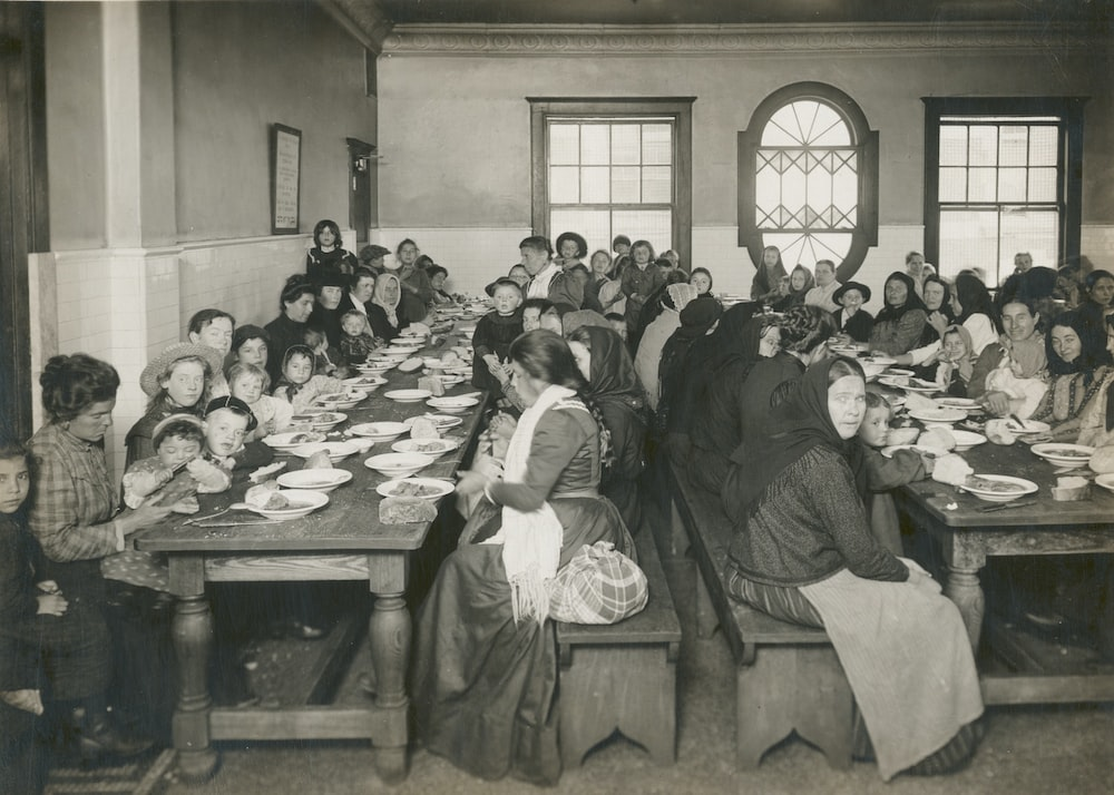 An old photo of immigrants at Ellis Island 