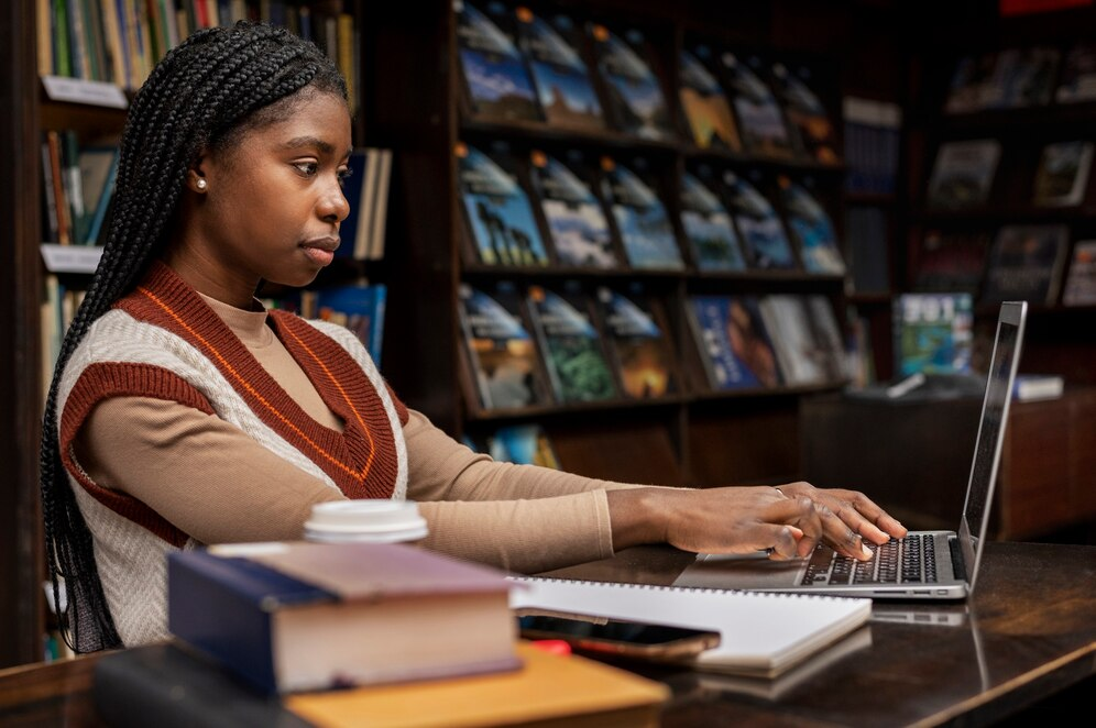 a woman doing research.