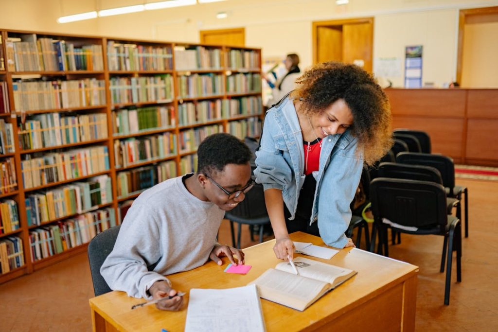 a man and a woman at the library.