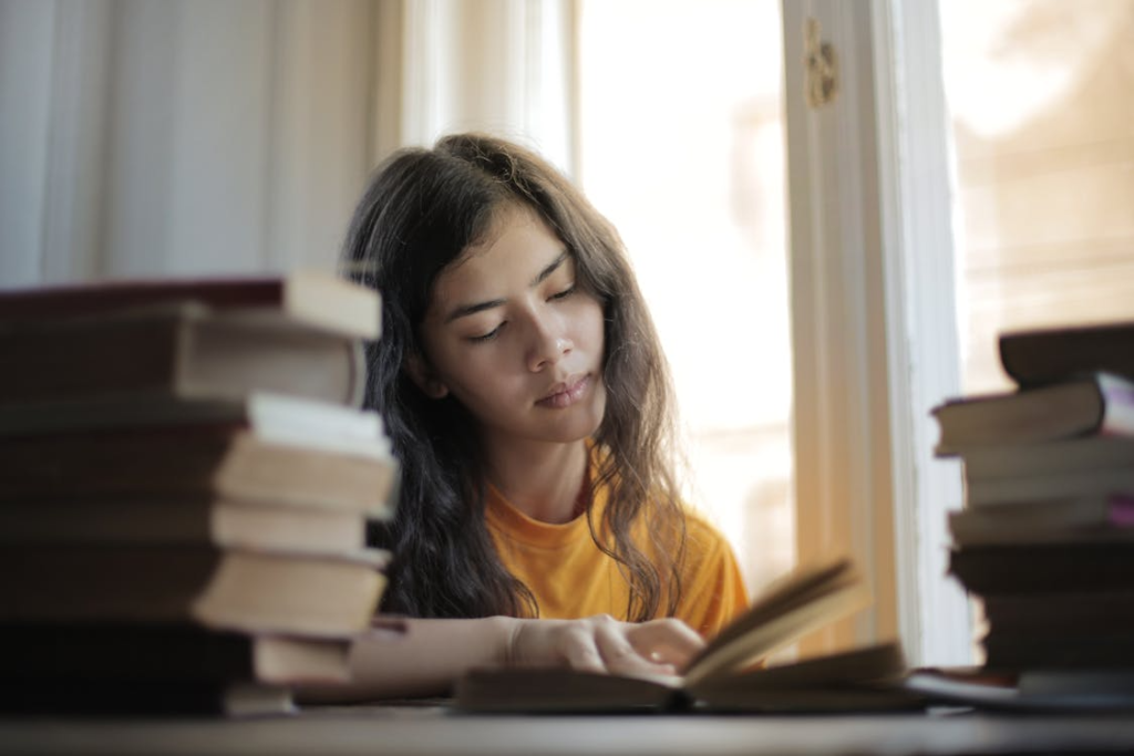 a woman engrossed in reading.