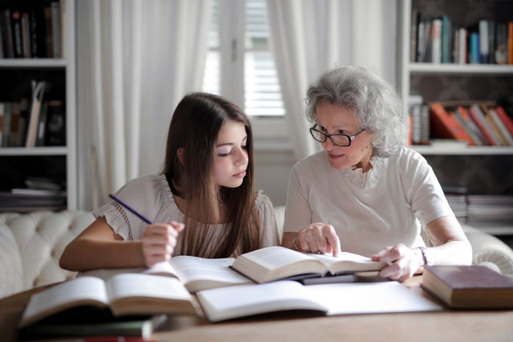 a woman talking to her grandmother.